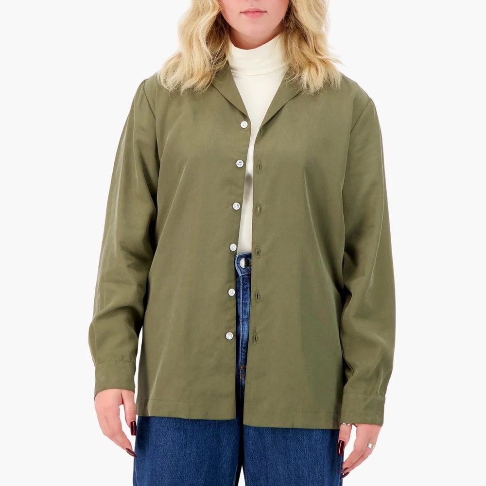 Good for Sunday women’s khaki canteen Tencel Notch Collar Shirt M L NWT L43-12